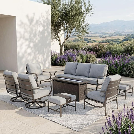 PHI VILLA 8 PCS Patio Furniture Set with Fire Pit Table,Metal Outdoor Furniture with 1 x 3-Seat Bench Sofa, 2 x Swivel Sofa Chairs, 2 x Leg Chair & 2 x Ottoman, Modern Patio Set, Grey