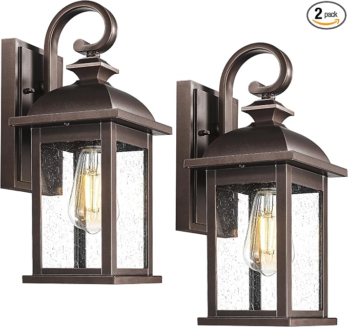 FEMILA 2-Pack Outdoor Wall Sconce Lights Oil Rubbed Bronze, 15" Exterior Outdoor Light Fixtures Wall Mount with Seeded Glass, for Front Porch Patio Garage, 4FD54B-2PK ORB