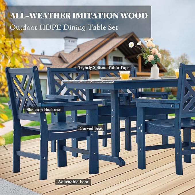 HDPE Dining Table Set for 8,10-Piece Outdoor Table and Chairs Include 8 Dining Chairs and 2 Pcs 62.5" Patio Dining Table with Umbrella Hole (Blue)