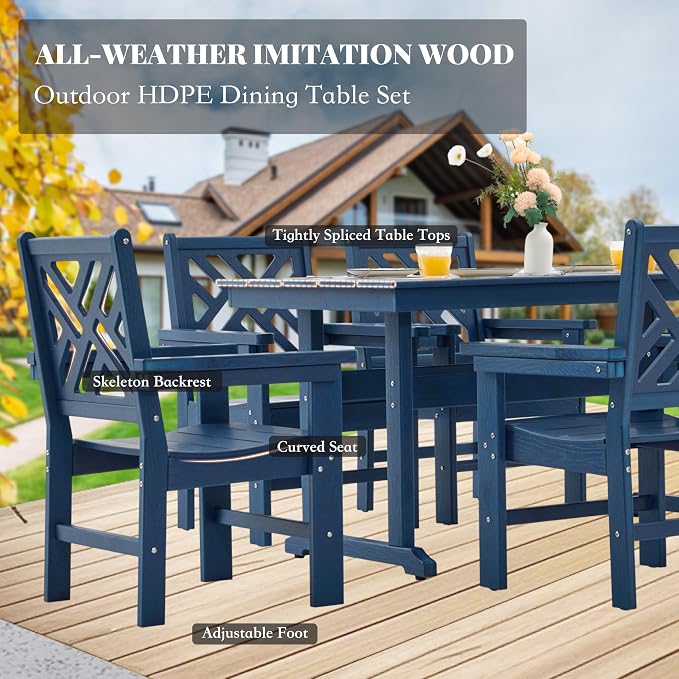 HDPE Dining Table Set for 6,7-Piece Outdoor Table and Chairs Include 6 Dining Chairs and 62.5" Patio Dining Table with Umbrella Hole (Blue)