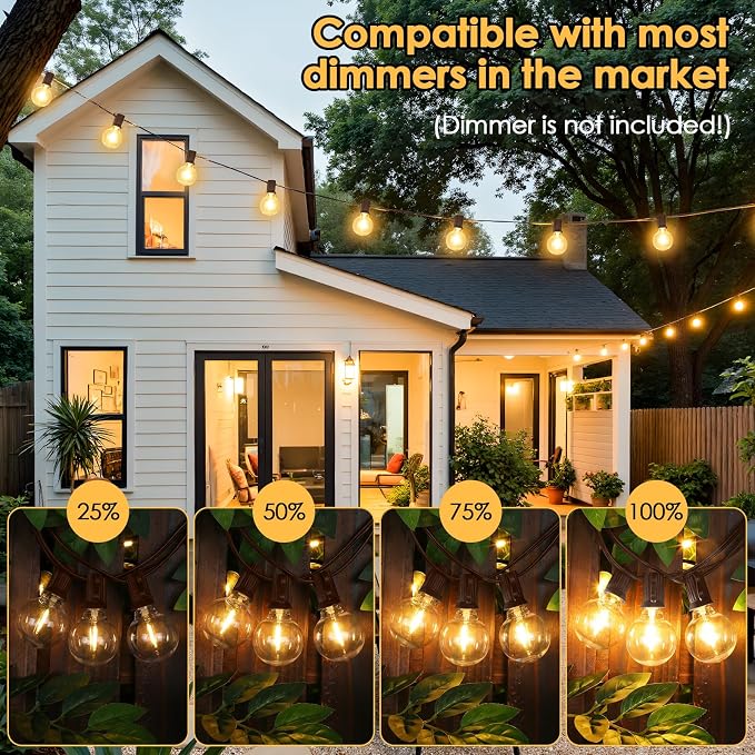25FT G40 LED Outdoor String Lights with 10+1 Bulbs, Plug-in, Brown | Waterproof, Shatterproof, Dimmable, Connectable, Energy-saving, Patio Lights Porch Balcony Backyard Party Classroom Decor