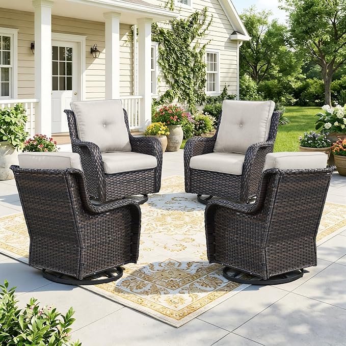 Wicker Patio Furniture Set- 4 Pieces Swivel Patio Chairs,PE Rattan Outdoor Rocking Chairs Porch Furniture for Garden Deck
