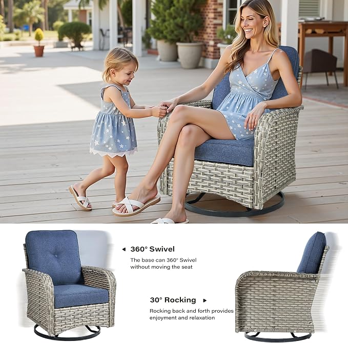 11 Pieces Outdoor Sectional Patio Furniture Set with 54" Fire Pit,Wicker Conversation Sets Rattan L Shaped Couch Swivel Rocking Chairs,Modular Outdoor Sofa for Porch Balcony Backyard Blue
