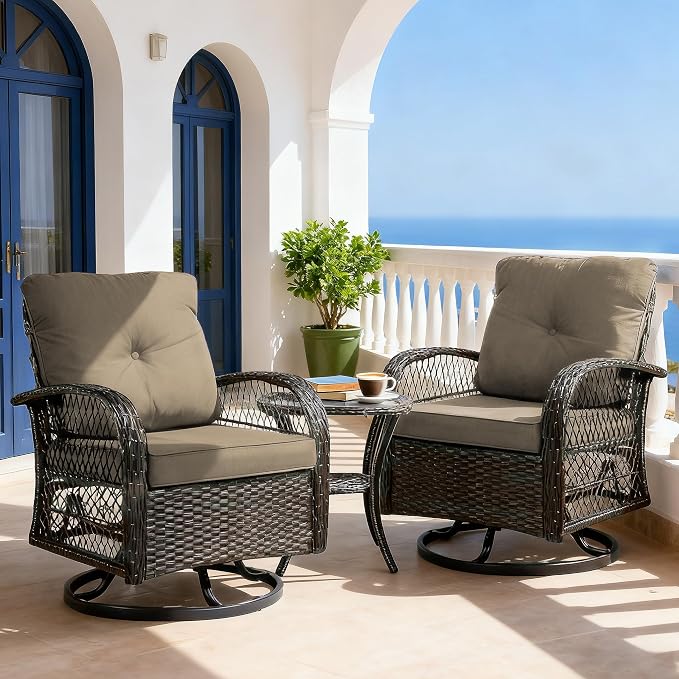 Outdoor Swivel Rocker Patio Chairs with Cushions，Outdoor Swivel Rocking Chairs Set of 2 with Rattan Side Table，360 Degree Swivel Seat Patio Furniture Set for Outside Porch Deck，3 Pieces