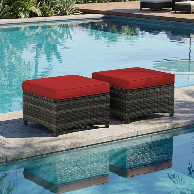 Outdoor Wicker Ottoman Set of 2, Patio Swivel Rattan Ottoman with Thick Cushions, Ideal for Backyard, Garden, Poolside, Red