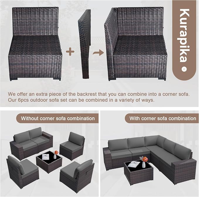 Kurapika 6 Pieces Patio Furniture Set, Rattan Outdoor Conversation Sets w/4 Inch Cushion and Glass Coffee Table(Grey)