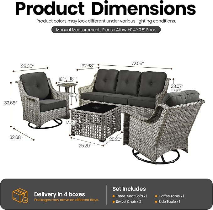 5 PCS Patio Conversation Set, All-Weather Rattan Wicker Outdoor Patio Furniture Sets with High Back Swivel Rocker Chair, Solar Light Coffee Table for Porch,Backyard,Balcony,Black