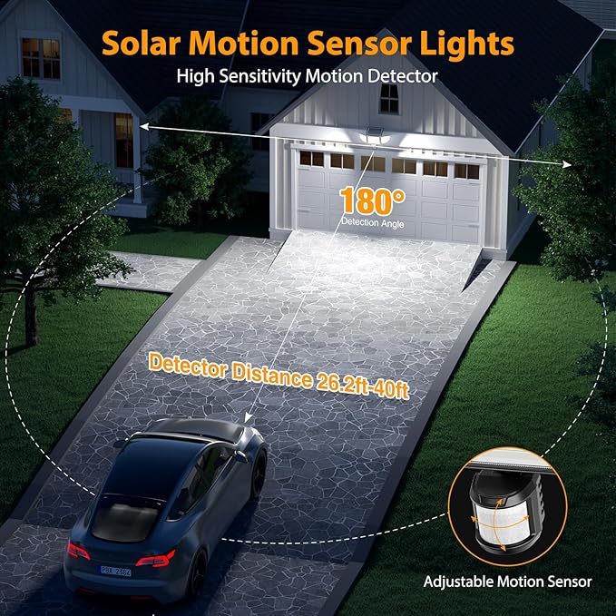 Onforu 4500LM Solar Lights Outdoor, 3 Heads Security Lights with Remote Control, IP65 Waterproof Motion Sensor Lights, 3 Modes Flood Lights for Wall, Porch, Yard, Outside, 4 Pack