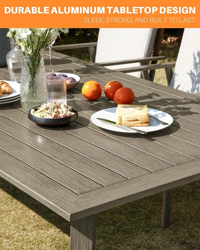 Outdoor Patio Dining Table for 8, Never-Rust Aluminum Outdoor Dining Table with 2.2" Umbrella Hole, 8 Person Patio Dining Table Furniture for Decks, Garden, Porch, Lawn, Limed Oak