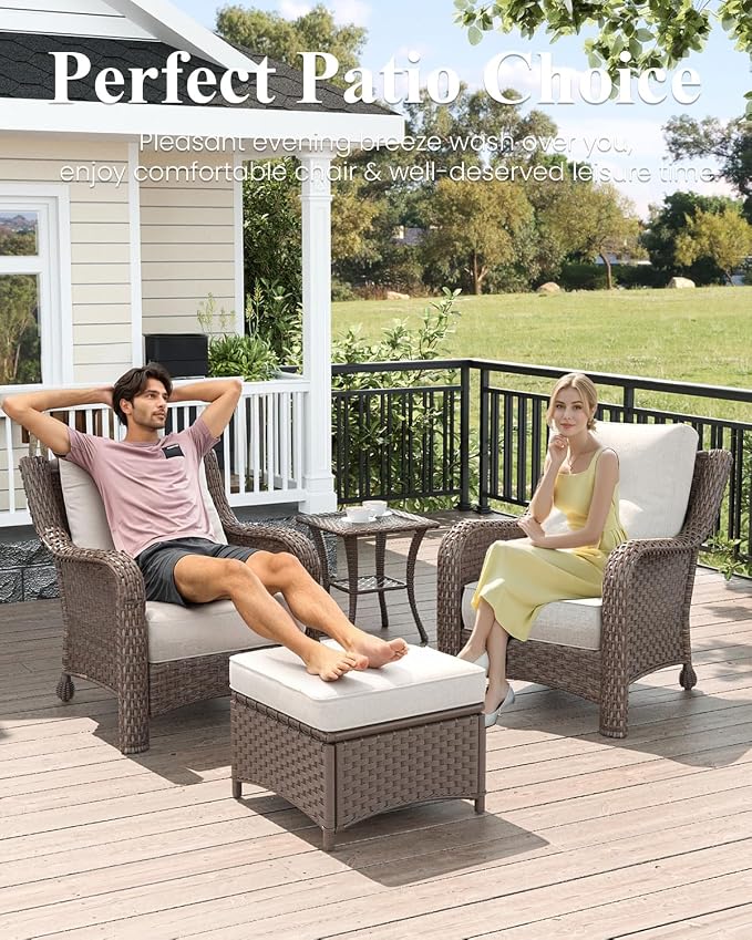LayinSun 7 Piece Wicker Outdoor Furniture Set with 6-inch Comfy Cushions, High Back Patio Furniture Set with Rattan Armchairs and Fire Pit Table