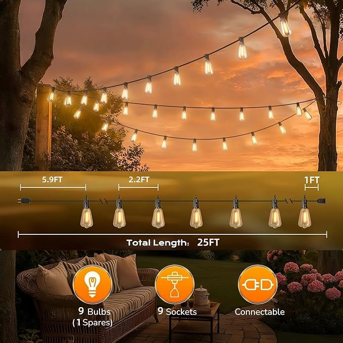 GPATIO Outdoor String Lights, 25FT Shatterproof Patio Lights, IP65 Waterproof Dimmable Outside Hanging Light, Connectable LED Outdoor Lights for Backyard, Porch, Deck, Balcony, Garden, Home Decor