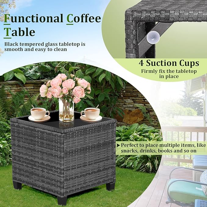 Patio Furniture Set, 3 Pcs Outdoor Wicker Conversation Set with Glass Coffee Table, Patio Chairs w/Washable Cushions, PE Rattan Outdoor Furniture Set for Porch Garden Backyard (Navy)