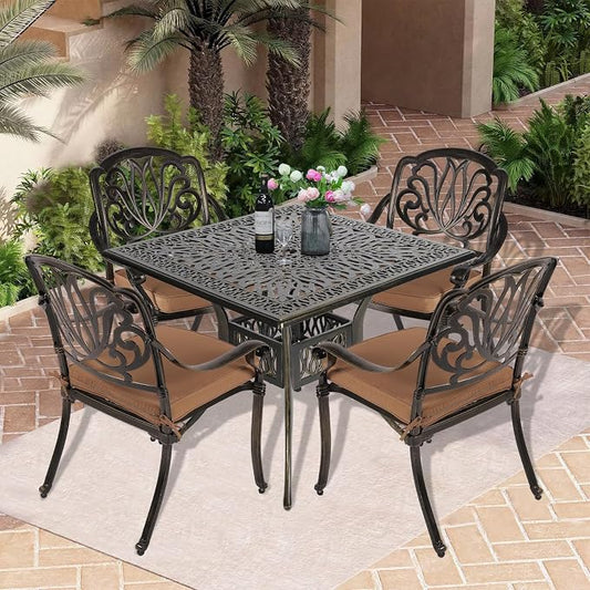 5-Piece Outdoor Patio Dining Set, All-Weather Cast Aluminum Patio Table Set, Include 4 Cushioned Chairs and a 35.4 inch Square Table w/Umbrella Hole for Balcony Garden Backyard, Khaki
