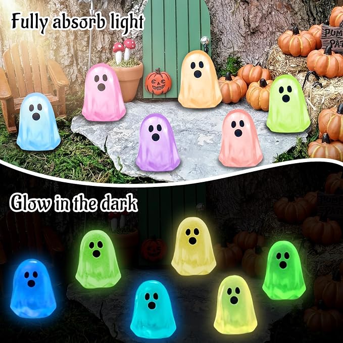 84 Pcs Halloween Luminous Mini Resin Ghost Figures Glow in the Dark Tiny Little Ghost Statue Miniature Figurines for Halloween Crafts Vase Filler Micro Landscape Fairy Garden Party Decor