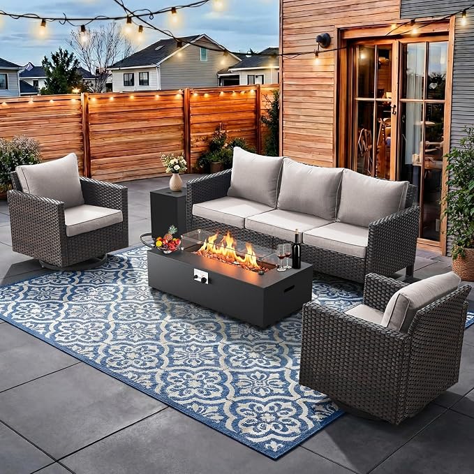 HUMMUH Patio Furniture Set with Fire Pit Table,5 Piece Wicker Outdoor Conversation Sets -Outdoor Swivel Rocker Chairs Patio Sofa for Porch,Garden,Backyard