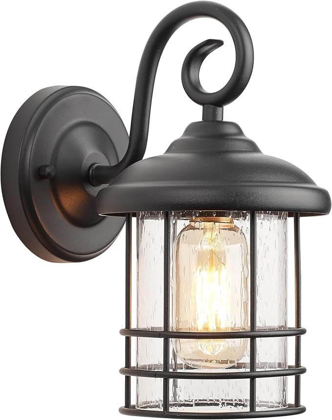 MICSIU Narrow 5.5" Wide Black Single Porch Light, 9.8" H Modern Farmhouse | Seedy Glass Outside Fixture, Vintage Round Outdoor Wall Sconce For Small Sidelight, Front Door, Garage
