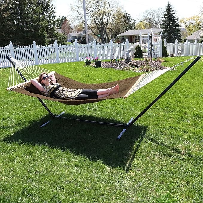 Sunnydaze Quilted Designs Hammock with Stand 2 Person Heavy Duty - Double Hammock with 12 Foot Steel Stand for Backyard & Patio - 350 Pound Weight Capacity - Brown