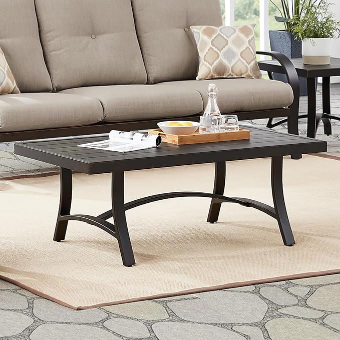 Ulax furniture Outdoor Coffee Table, Rectangle Aluminum Slat Table, Brown