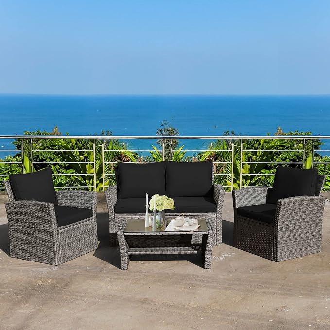 COSTWAY 4 Pieces Patio Rattan Furniture Set, Outdoor Wicker Sofa Set with Tempered Glass Coffee Table, Cushions, All Weather Rattan Conversation Set for Yard Balcony Backyard Pool (Black)
