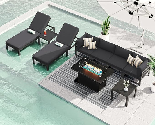 RADIATA 9 Piece Luxury Aluminum Outdoor Sectional Sofa with Chaise Lounge & Firepit, Large Modular Patio Furniture Set, 29" Deep Wide Seating, 500 lbs Heavy Duty Conversation Set for Deck, Dark Gray
