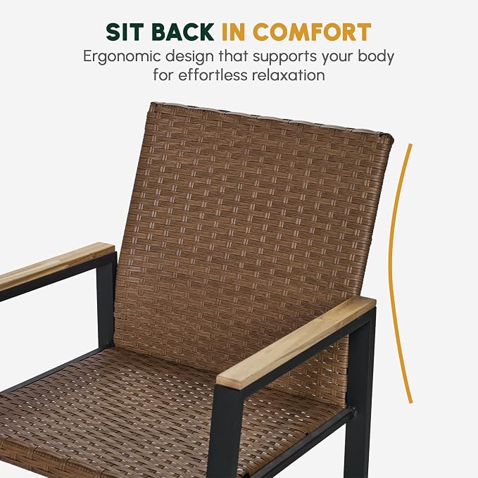 BEEFURNI Wicker Patio Furniture Dining Set, Outdoor Patio Table and Chairs Set, Rattan Outdoor Furniture Set, Acacia Wood Table, Chairs, Weather Proof Set for Porch, Backyard (Brown)