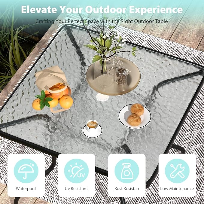 MKDLUFEI 32 Inch Umbrella Table with Hole, Outdoor Square Patio Table with Tempered Glass Top, for Balcony, Backyard, Poolside, Black
