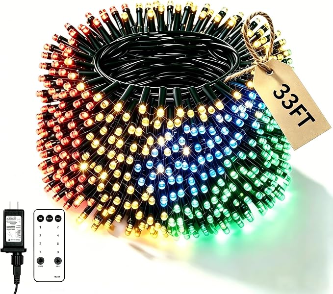 33ft 100 LED Christmas Fairy Lights, 8 Modes Remote Timer,Multicolor | Vivid red, green, blue & yellow glow for indoor or outdoor use; perfect for bedroom, Halloween tree & party decor.