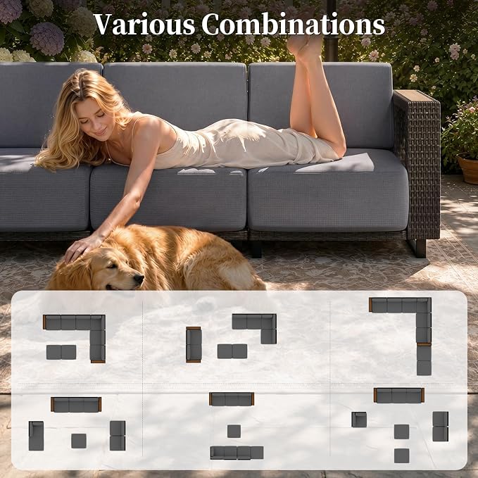 LazySunsets Patio Furniture Set, 8 Pieces Wicker Outdoor Sectional Sofa with 10'' Ultra-Thick Cushions & Ottomans, All-Weather Rattan Conversation Set for Backyard Poolside, Brown/Dark Gray