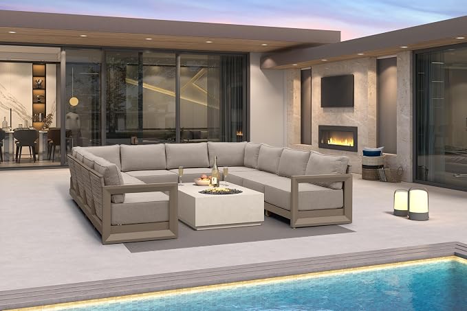 PURPLE LEAF Patio Furniture Set U-Shaped Outdoor Couch with 9.6" Thick Cushion and Soft Pillows 10 Piece Outdoor Sectional Sofas Modern Outdoor Conversation Sets for Yard Porch Deck Poolside, Khaki