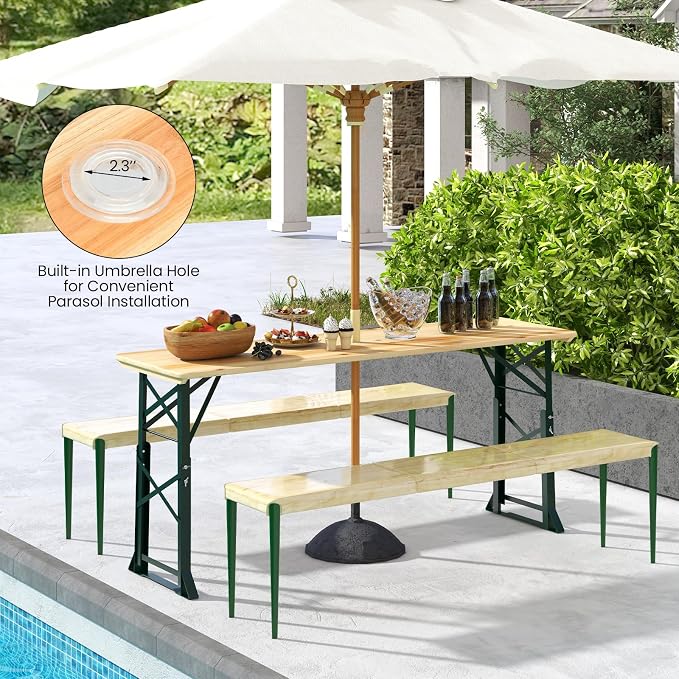 Giantex Folding Picnic Table, 66.5” Outdoor Patio Beer Table with Adjustable Heights, Rectangular Wood Portable Dining Table for Camping, RV, Garden, Party, Backyard, Natural