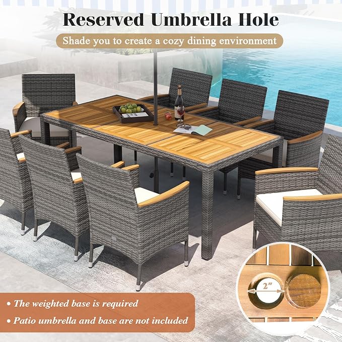 COSTWAY 9-Piece Patio Dining Set for 8, Outdoor Rattan Wicker Table and Chairs Furniture Set with Umbrella Hole, Acacia Wood Tabletop for Backyard, Balcony, Poolside, Grey & White
