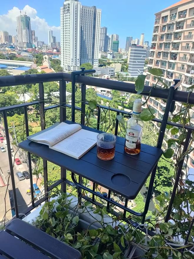 Folding Balcony Table Hanging Outdoor Foldable 3-Way Height Adjustable Wooden Look Weatherproof Table Open Size 60 x 36 cm Brown Color Outdoor Indoor spacesaving Room