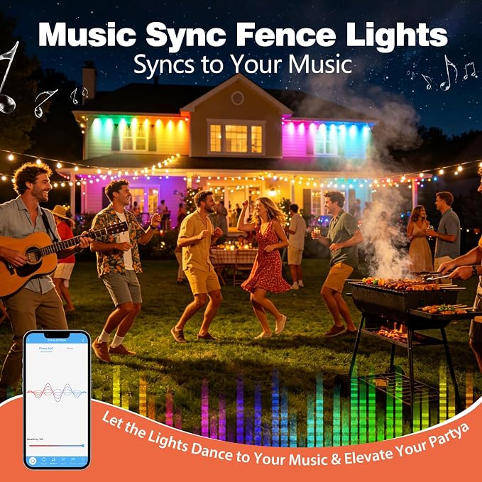 Outdoor Fence Lights Plug in, 50FT RGBIC LED Fence Lights, App & Remote Control, 100 Scene Modes, IP67 Waterproof Outdoor Lights for Backyard, Patio, Deck - Brighter Than Solar Lights