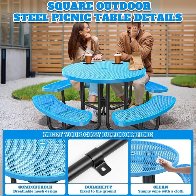 Ceridwen Heavy Duty Picnic Table with 4 Benches, Expanded Metal Steel Mesh Outdoor Patio Dining Table Bench Set with Umbrella Hole,Outdoor Patio Dining Table for Garden (Round, Blue, 46FT)