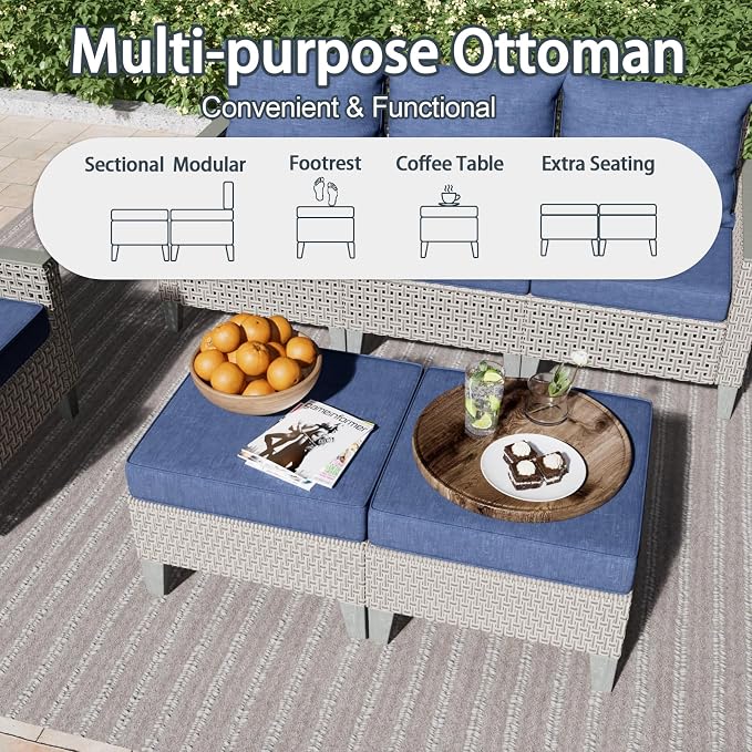 Outdoor Patio Furniture Set 14-Piece Modular Wicker Sectional Sofa with Ottomans and Thick Cushions, Modern Rattan Outdoor Conversation Couch for Garden Backyard, Navy