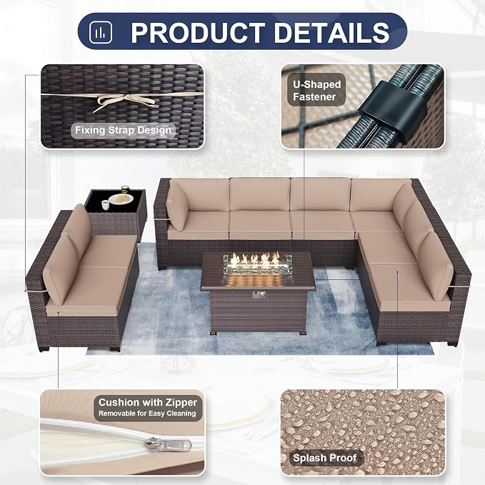 Kurapika 10 Pieces Patio Furniture Set, Rattan Wicker Outdoor Conversation Sets w/43in Propane Fire Pit Table and 4 Inch Cushion(Sand)
