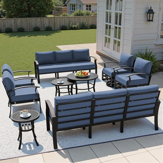 Kullavik Aluminum Patio Furniture Set,8 Piece Modern Metal Outdoor Patio Furniture w/5.1'' Thick Cushion,Swivel Chairs and Round Coffee Table,Patio Conversation Sets for Porch,Deck,NavyBlue