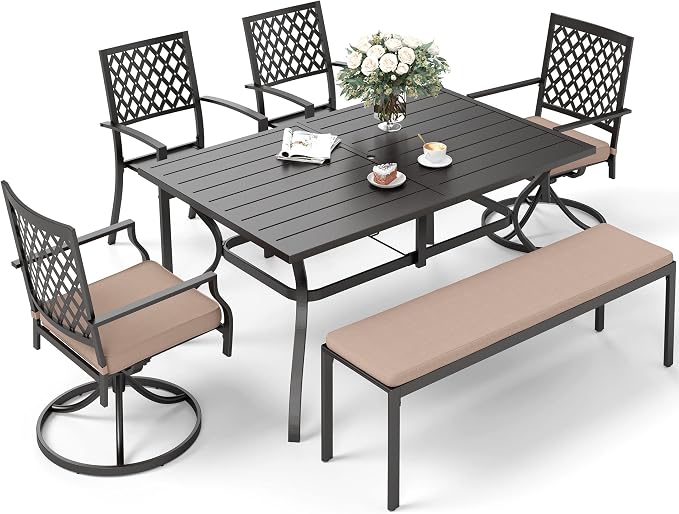 SUNSHINE VALLEY Patio Dining Set,60x38 Outdoor Table w/Swivel Chairs | 60x36 Outdoor Table and Chairs Set with Umbrella Hole, 2 Leg Chairs, 2 Swivel Chairs, 1 Metal Table and 1 Cushioned Bench