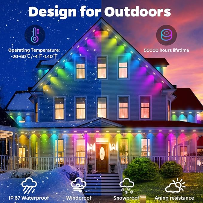 Permanent Outdoor Lights, 100FT Smart Rainbow RGB with 72 LEDs, App Control Remote with DIY Modes, IP67 Waterproof Eaves Lighting for Holiday, Garden Decor, Christmas, Party,Halloween,Roof,