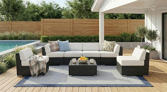Fully Assembled Ohana 7 Piece Outdoor Patio Furniture with 6-inch Sunbrella White All-Weather Rainshield Cushions and Oversized Seats