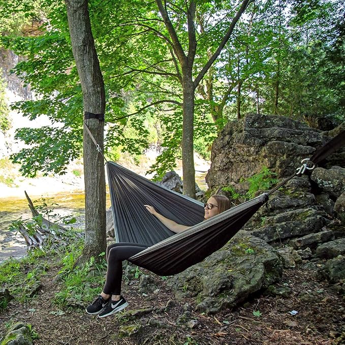 Vivere Double Parachute Camping Hammock, Includes Stuff-Sack (Black/Grey)