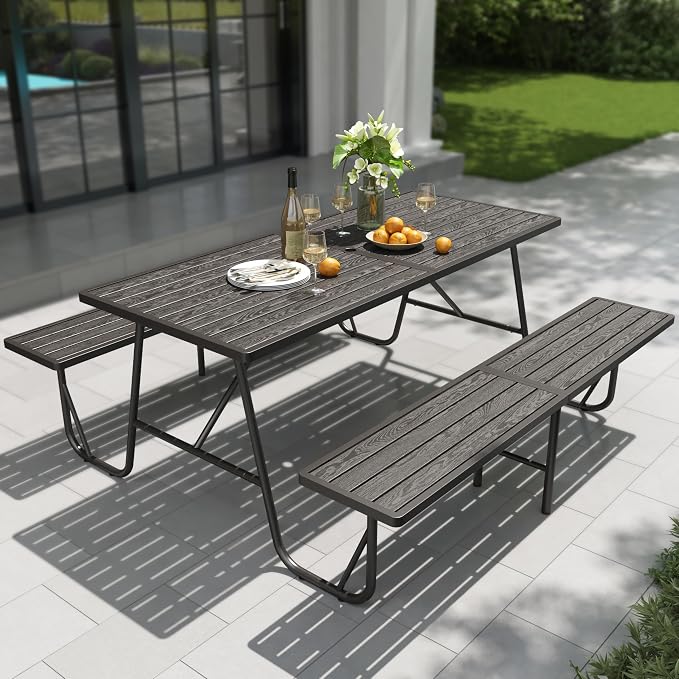 PHI VILLA 70" Outdoor Metal Table Bench Set for 4, w/Umbrella Hole | Black wood grain pattern, all weather. Dining furniture set for patio deck yard porch.