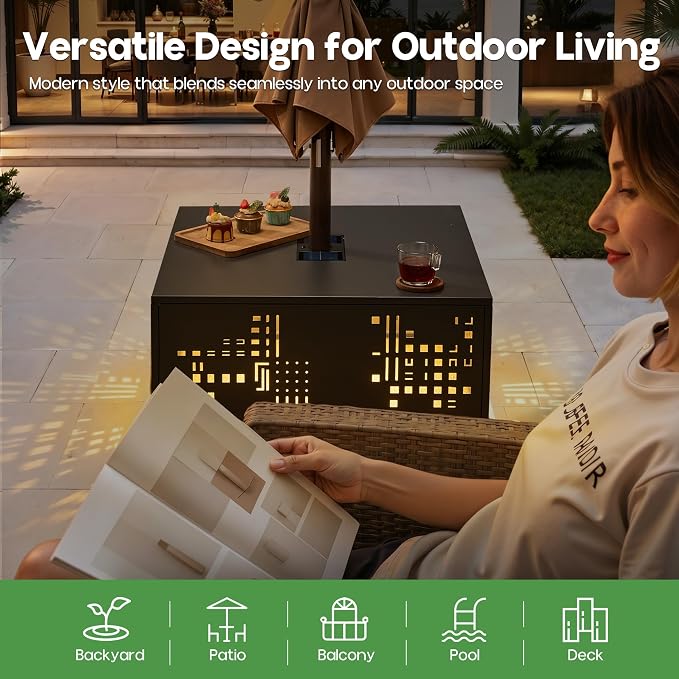 27" Outdoor Coffee Table with Solar Ambient Light & Umbrella Hole, All-Weather Rust-Resistant Metal Patio Table for Backyard Gatherings, Poolside, Small Balconies & Outdoor Living Spaces, Black
