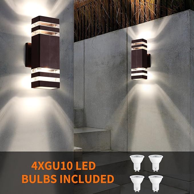 Outdoor Wall Lights, Modern Exterior Light Fixture Wall Mount, Brown Outdoor Lights for House, Waterproof Aluminum Up and Down Outside Porch Lights for Garage, 2 Pack