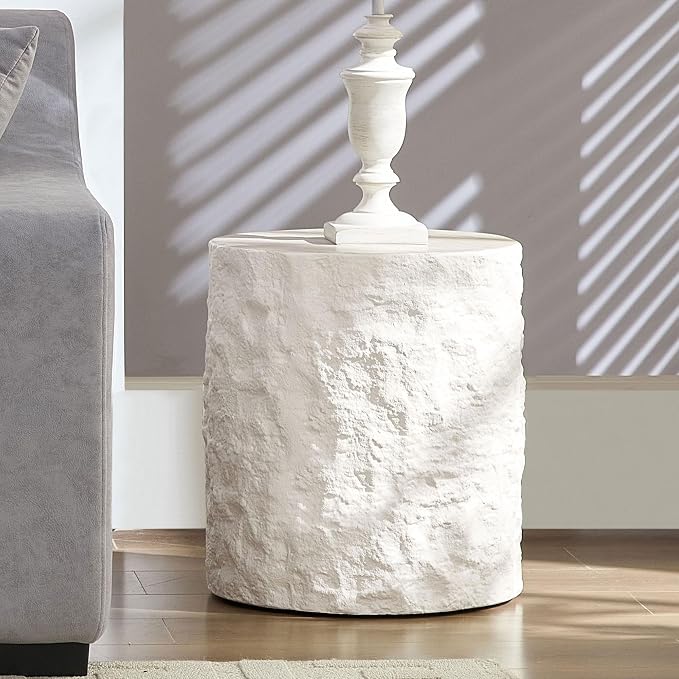Round Side Table Faux Stone End Table for Living Room Modern Small Coffee Table for Small Space Apartment, No Assembly (Fiberglass-Travertine, 15.75'' x 17.72'')