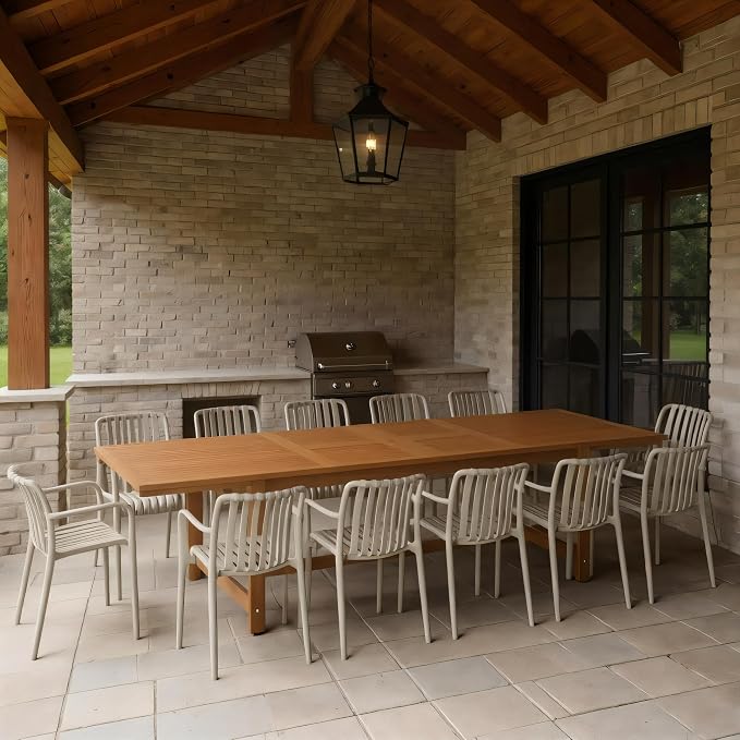 Urban Elements Frida Rectangular Extendable Patio Furniture Set | 100% Certified Teak Finish | Backyard Furniture, Outside Table and Chairs, Rectangular Outdoor Dining Set (Sand, 13-Piece)