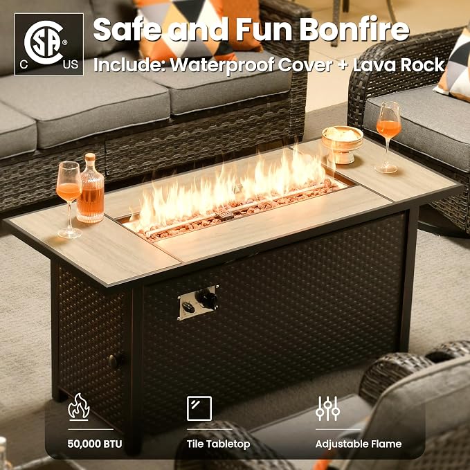 ovios 9 Pieces Patio Furniture Set, Outdoor Wicker Sofa Couch with Swivel Glider Chairs Fire Pit Table, Modern Deep Seat Rattan Conversation Sets for Deck Porch, Dark Grey