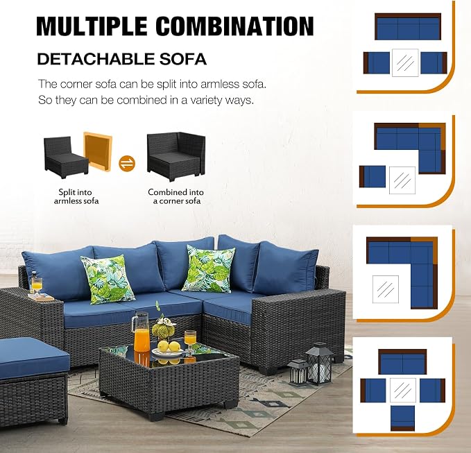 JOYURE 6 Pieces Patio Furniture Set All-Weather Outdoor Wicker Sectional Conversation Sofa Rattan Patio Seating Sofa with Cushion and Glass Table for Porch Poolside,Navy