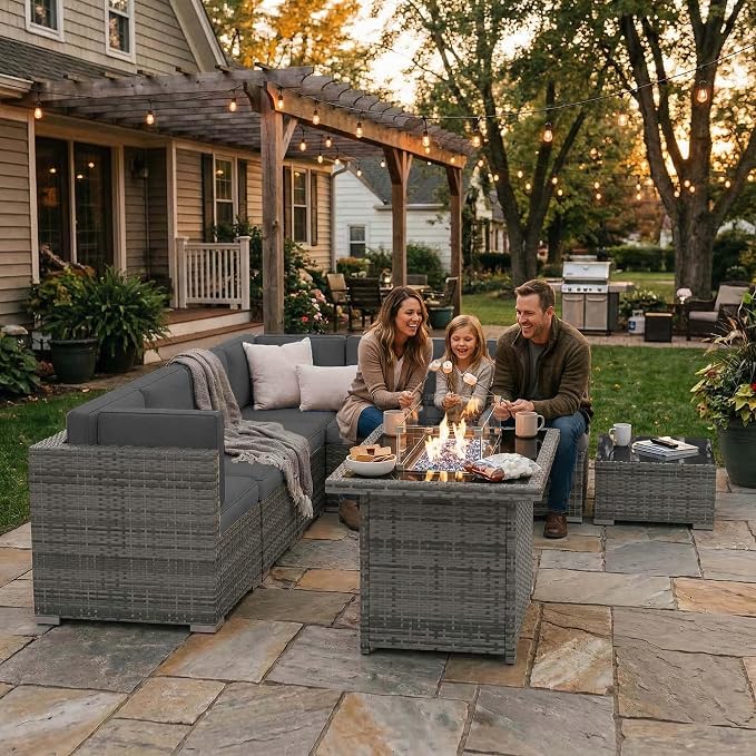 8 Pieces Patio Furniture Set with 44" Propane Gas Fire Pit Table, Outdoor Sectional Wicker Conversation Sofa Sets with Coffee Table