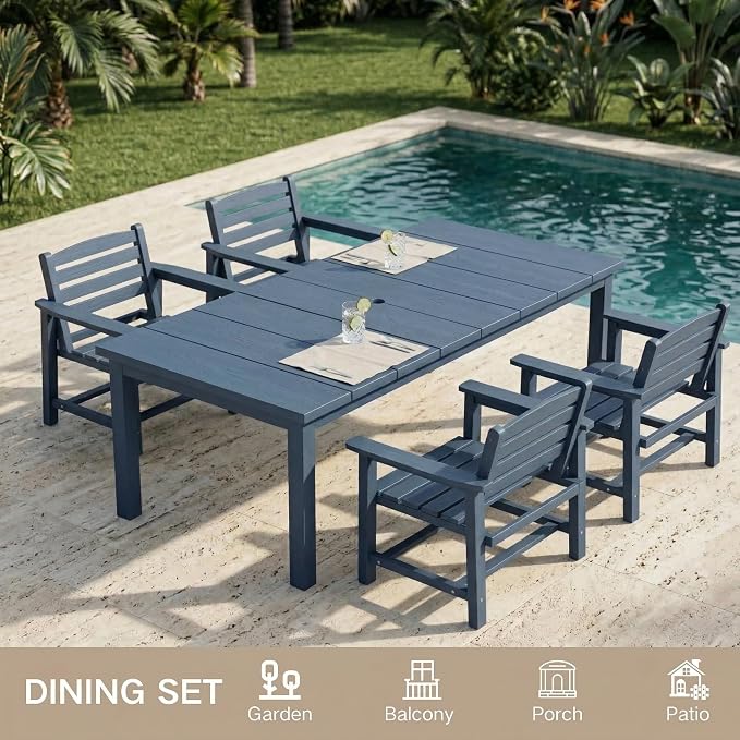 Kingdura 9 Piece Patio Dining Set for 8, 75.2'' HDPE Outdoor Dining Table Set with 2" Umbrella Hole, Weather-Resistant Outdoor Furniture, Table and Chairs Set for Backyard Pool Garden, Navy Blue